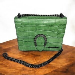 Marina Galanti Green Croc Embossed Horse Shoe Leather Italy Chain Strap Purse